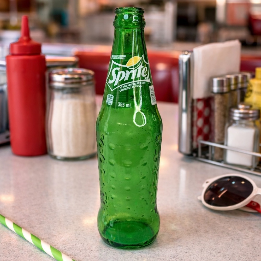 Vintage Sprite Glass Bottle 355 mL Green Dimpled Soda Bottle